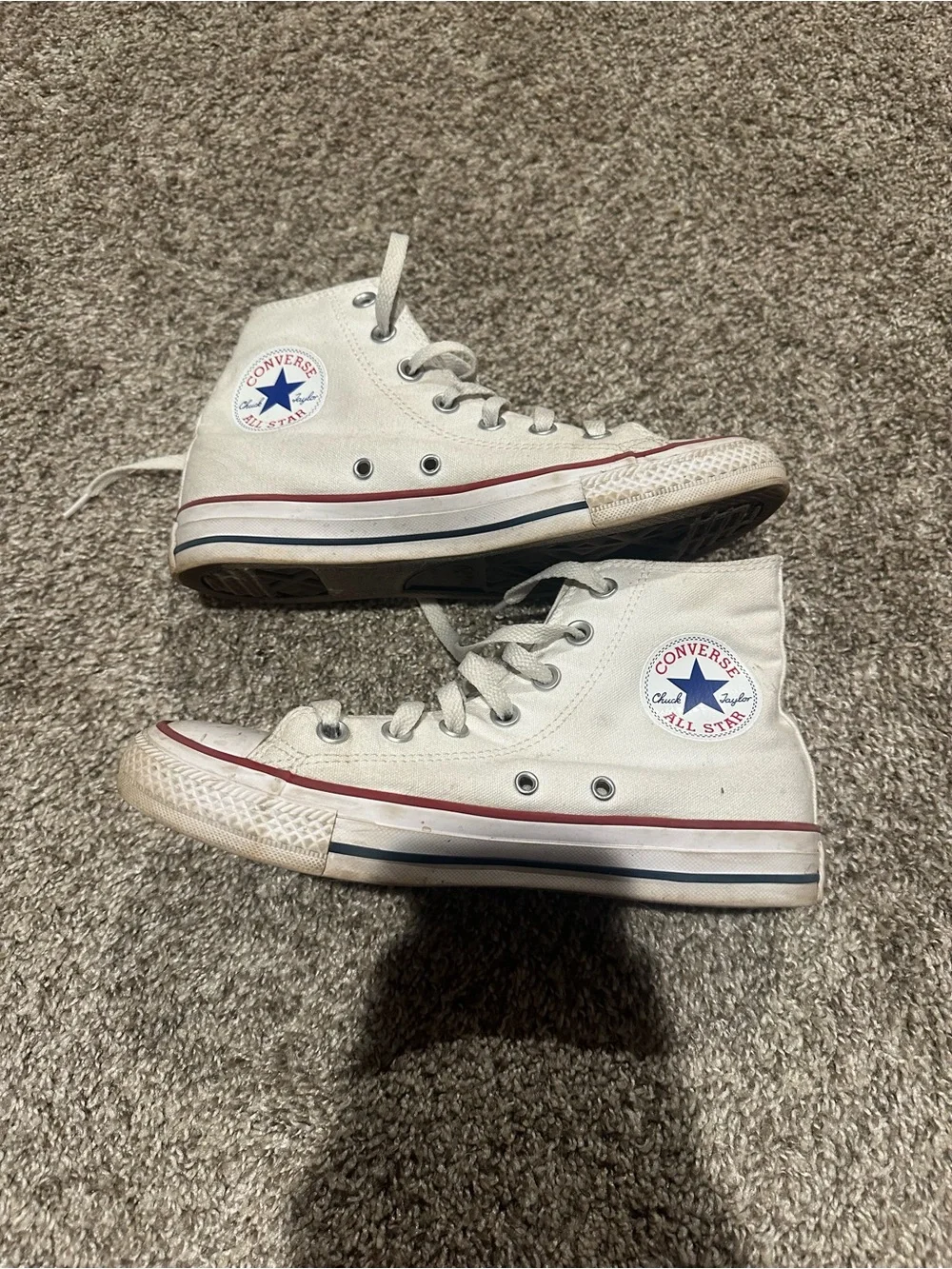 Converse Kids White High Top Sneakers with Red & Navy Trim